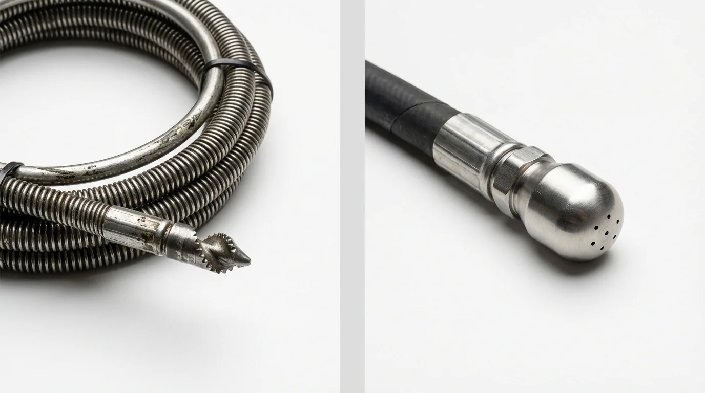 Drain snake cable and hydro jetting nozzle used for drain cleaning in York, AL