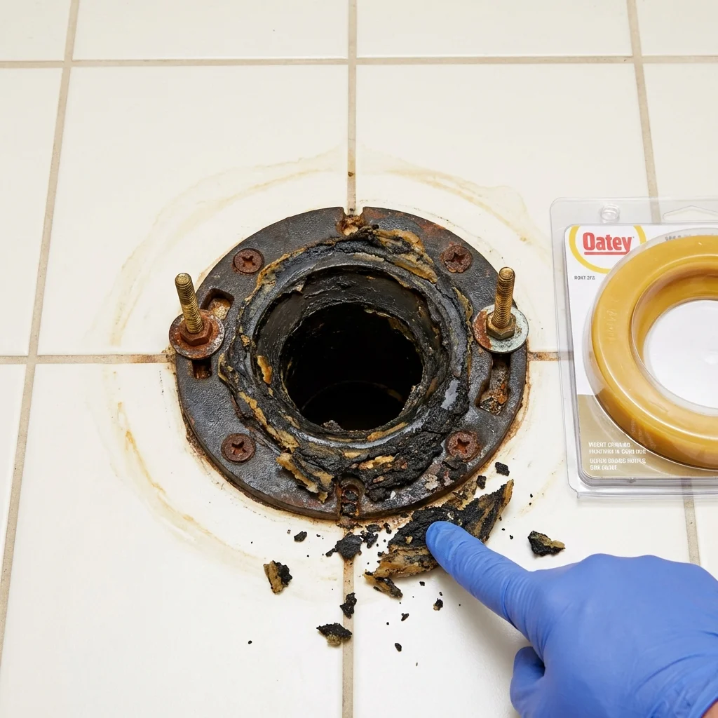 Failed wax ring showing water seepage at the base of a toilet in a York, AL home