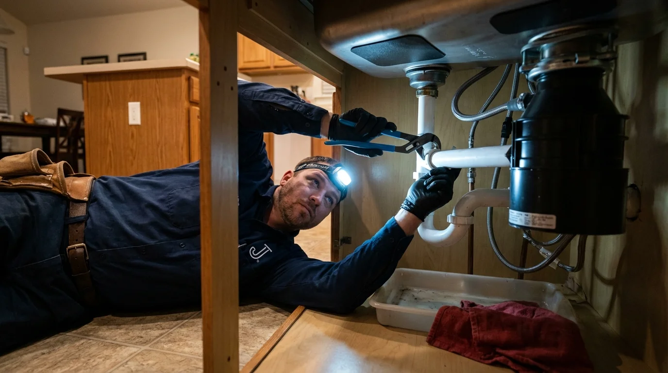 P-trap and supply line connections under a kitchen sink showing a common leak point in York, AL